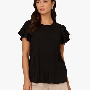 LADIES SIZE L ADRIANNA PAPELL BLACK PLEATED SHORT SLEEVE SHIRT TOP BLOUSE